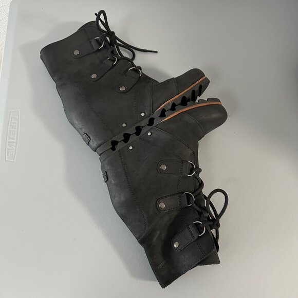 Sorel Joan Of Arctic Suede Wedge Lace Up Mid Calf Boots Size 8 Black Winter - Picture 3 of 13
